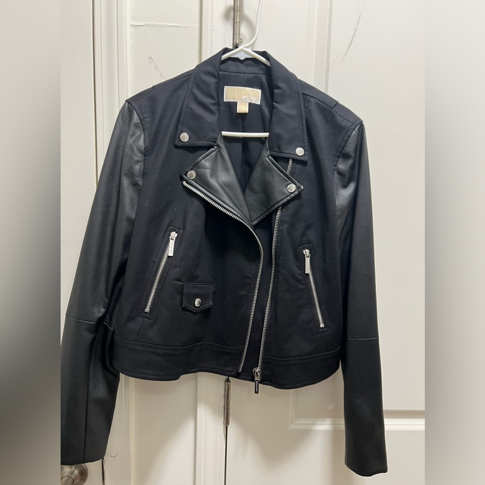 Michael Kors Mixed Media Moto Jacket. Black denim and Faux leather